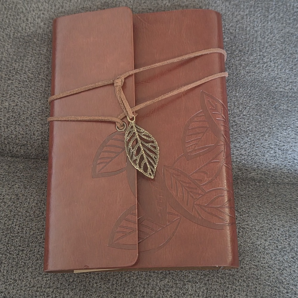 Multipurpose Faux Leather Leaf Etched Leaf Pendant Design Diary Journal - Brown